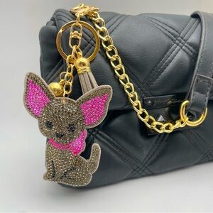 RHINESTONE CHIHUAHUA | Grey + Pink | Bag Charm | Keychain (Brand New!) 💘